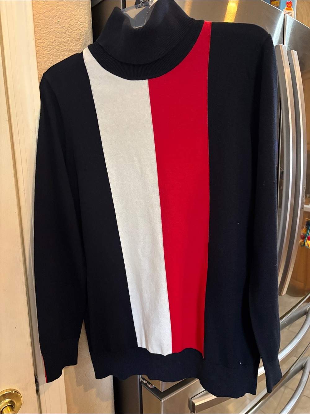 Tommy Hilfiger Black Turtleneck Sweater with White & Red Center Stripes